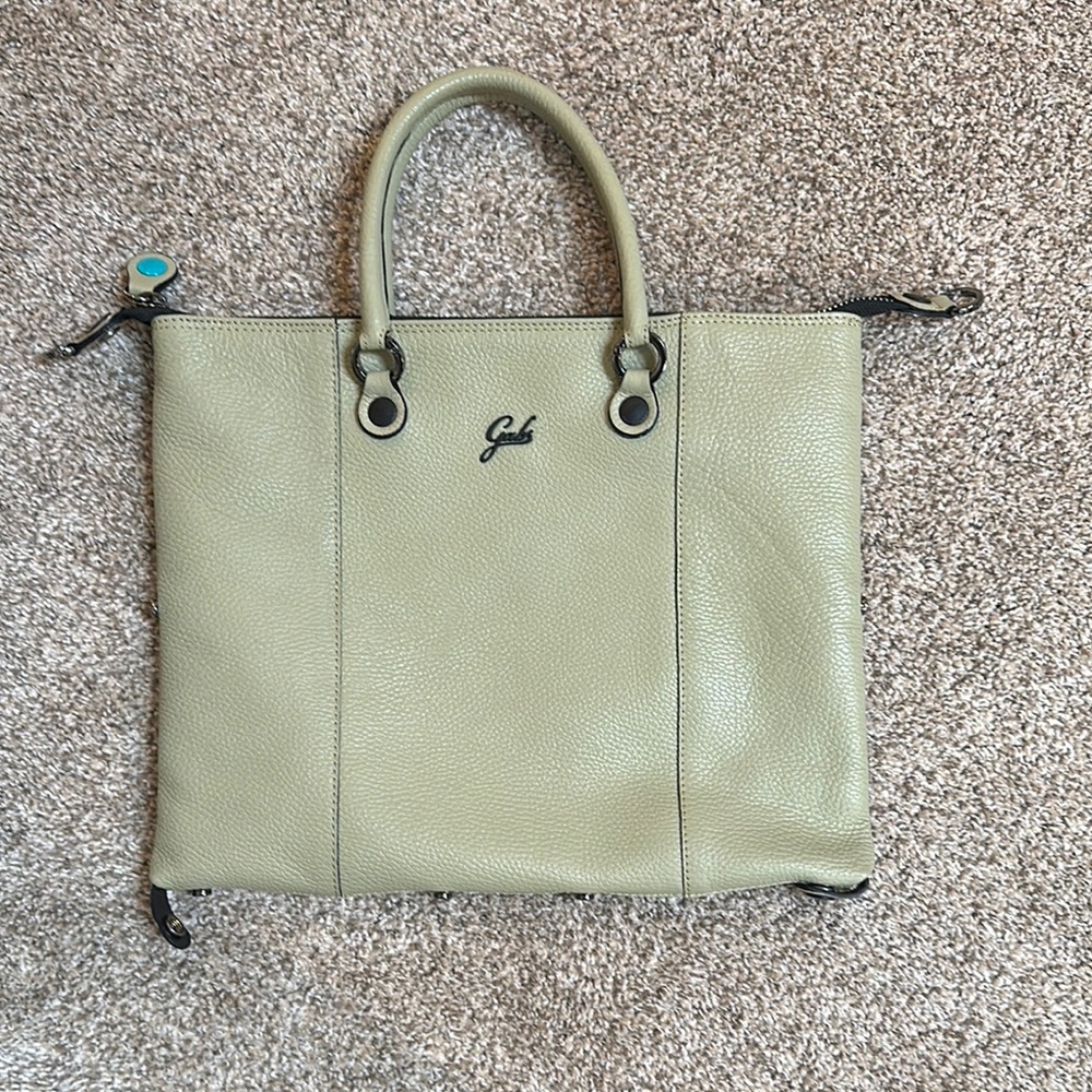 Sage Green Structured Leather Tote with Silver Hardware